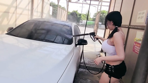 Seductive Korean Woman Washing Her Car